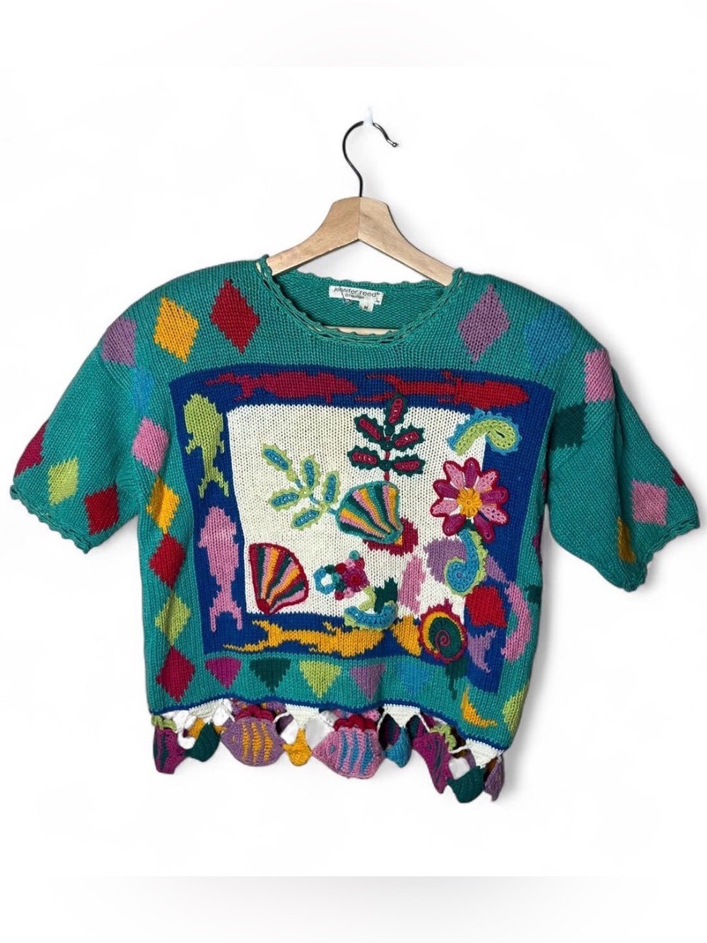 90s Vintage Jennifer Reed Novelty Fish Ocean Short Sleeve Knit Sweater